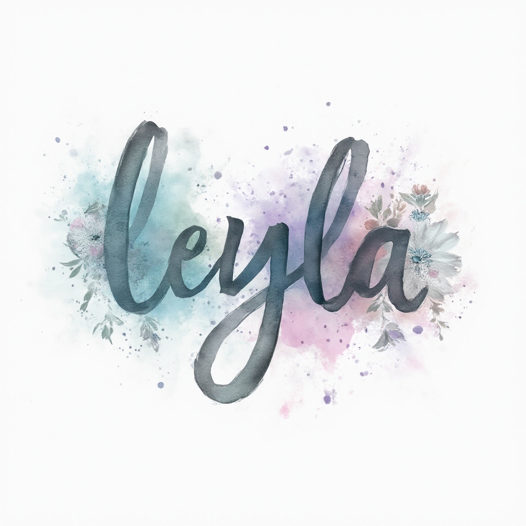 Watercolor tattoo artwork of the name leyla in fluid brushstroke colors on a white background.