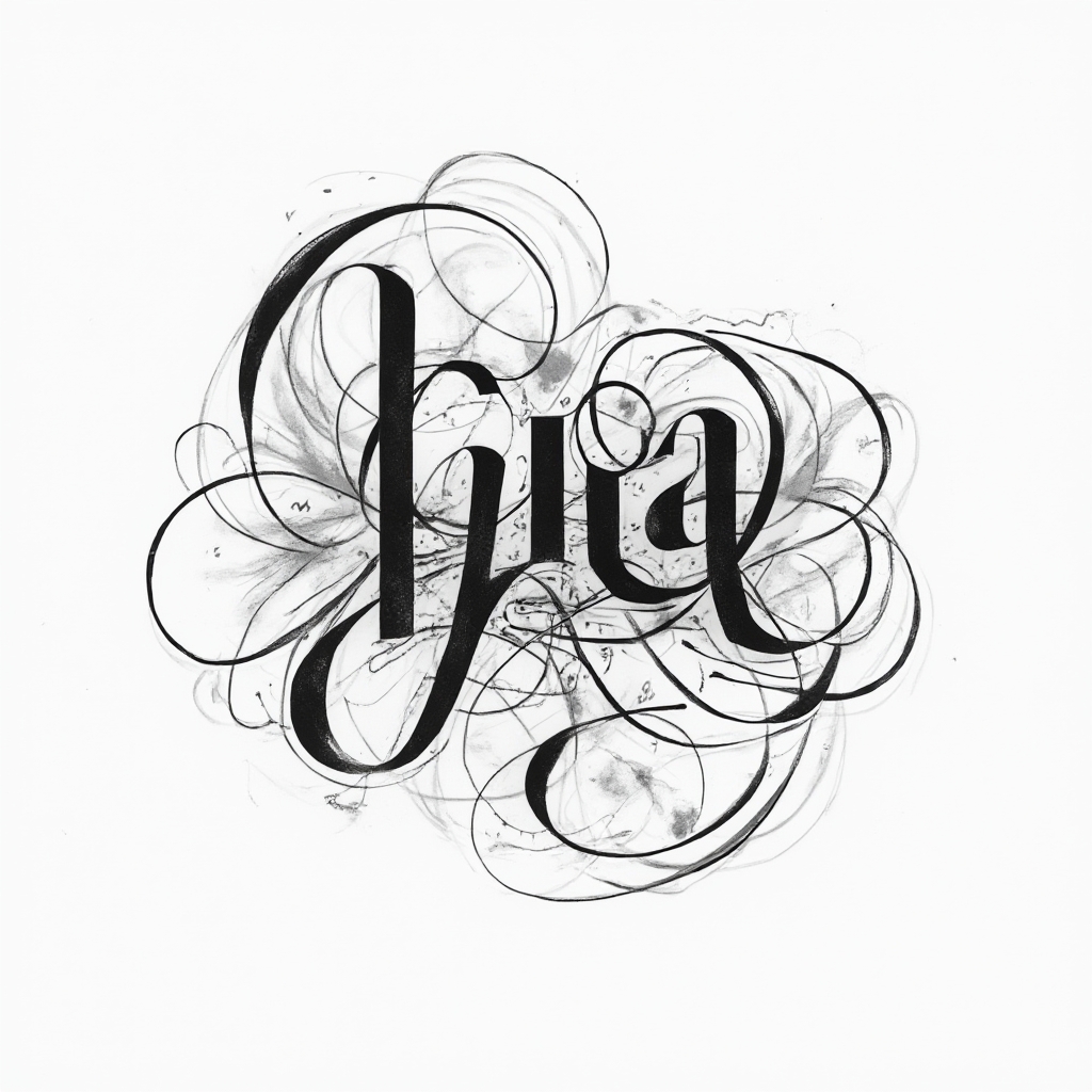 Abstract black line tattoo design where flowing calligraphic curves form the name lia on a white background