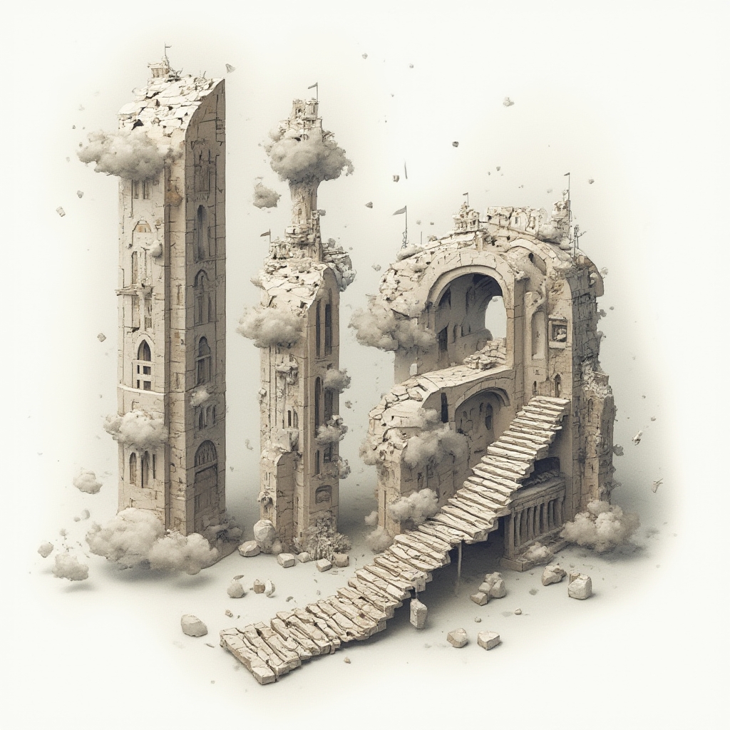 Surrealist tattoo design where the name lia is formed from impossible floating architectural shapes on a white background