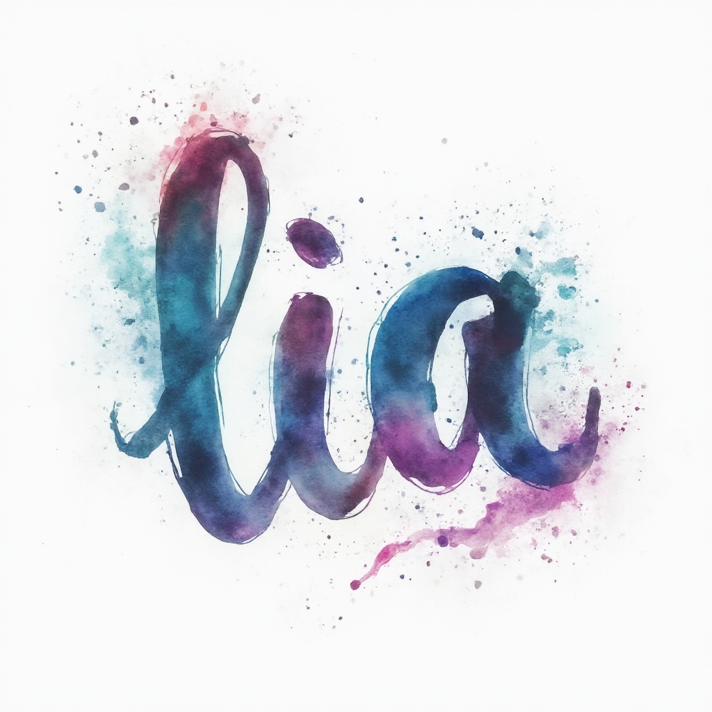 Watercolor tattoo concept where the name lia is formed by flowing multicolor brushstroke lettering with splashes on a white background