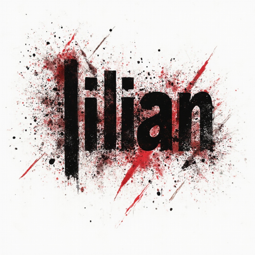 Trash Polka tattoo concept of the name lilian with bold black and red ink splashes on a white background.