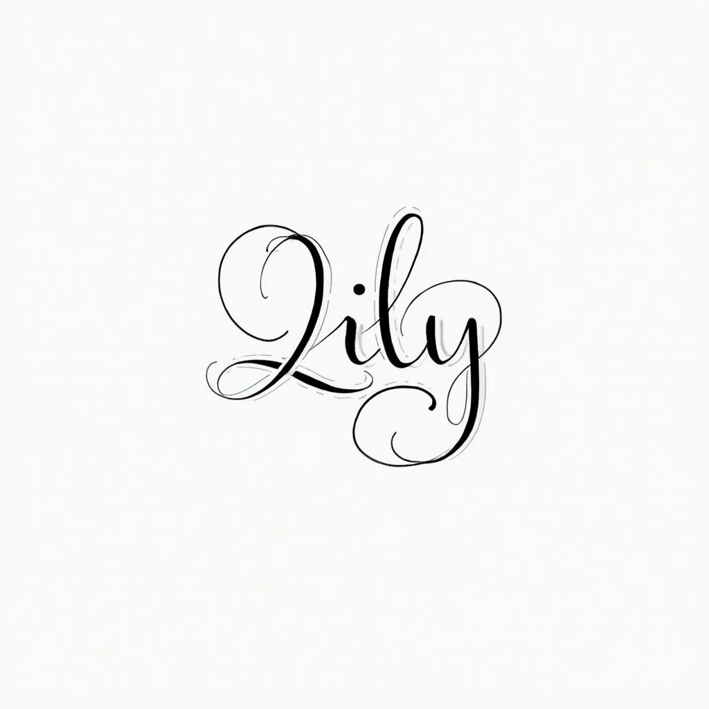 Minimal flowing line tattoo concept where the name lily is formed from a single continuous black line on white.