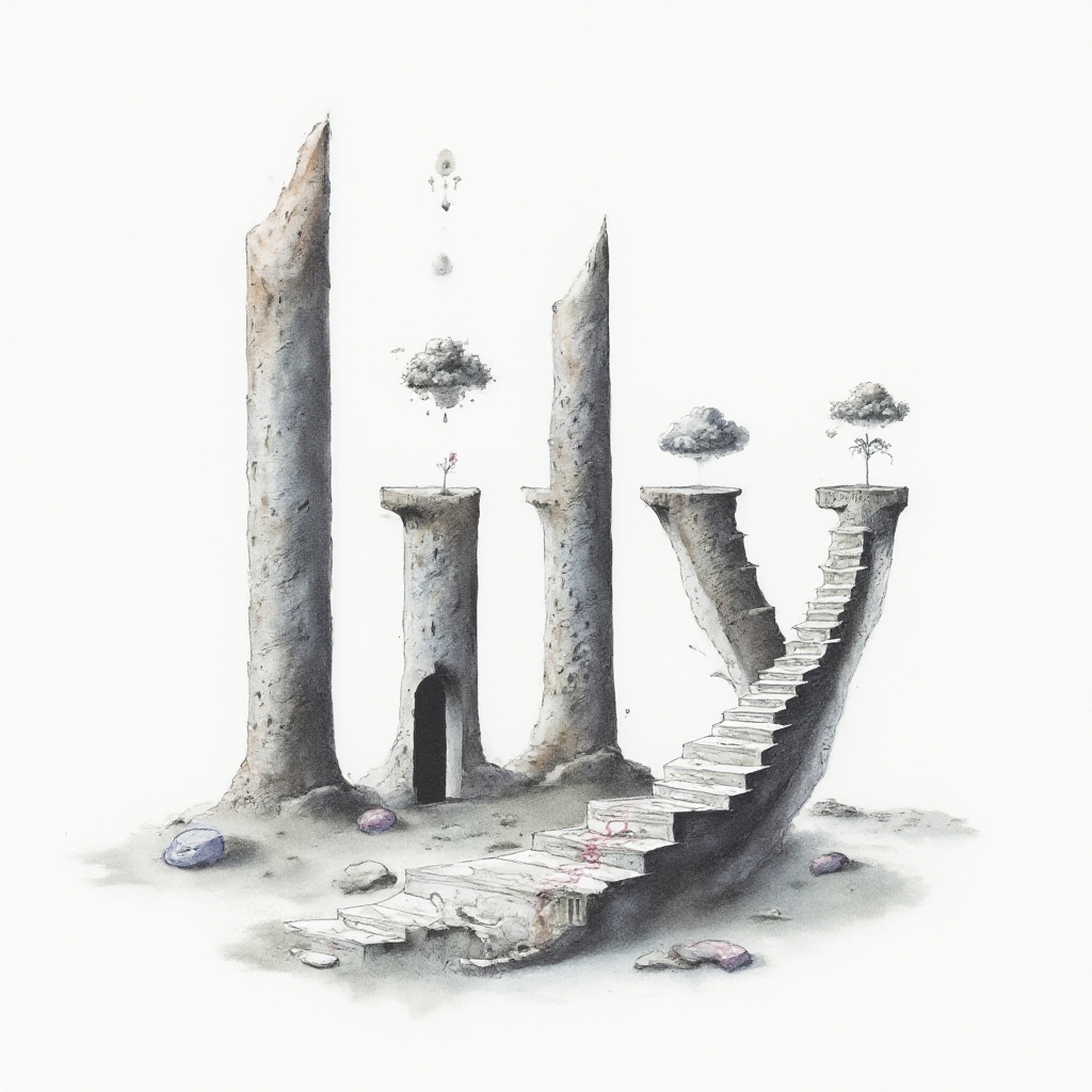 Surrealist tattoo concept where the name lily transforms into a dreamlike architectural landscape on a white background.