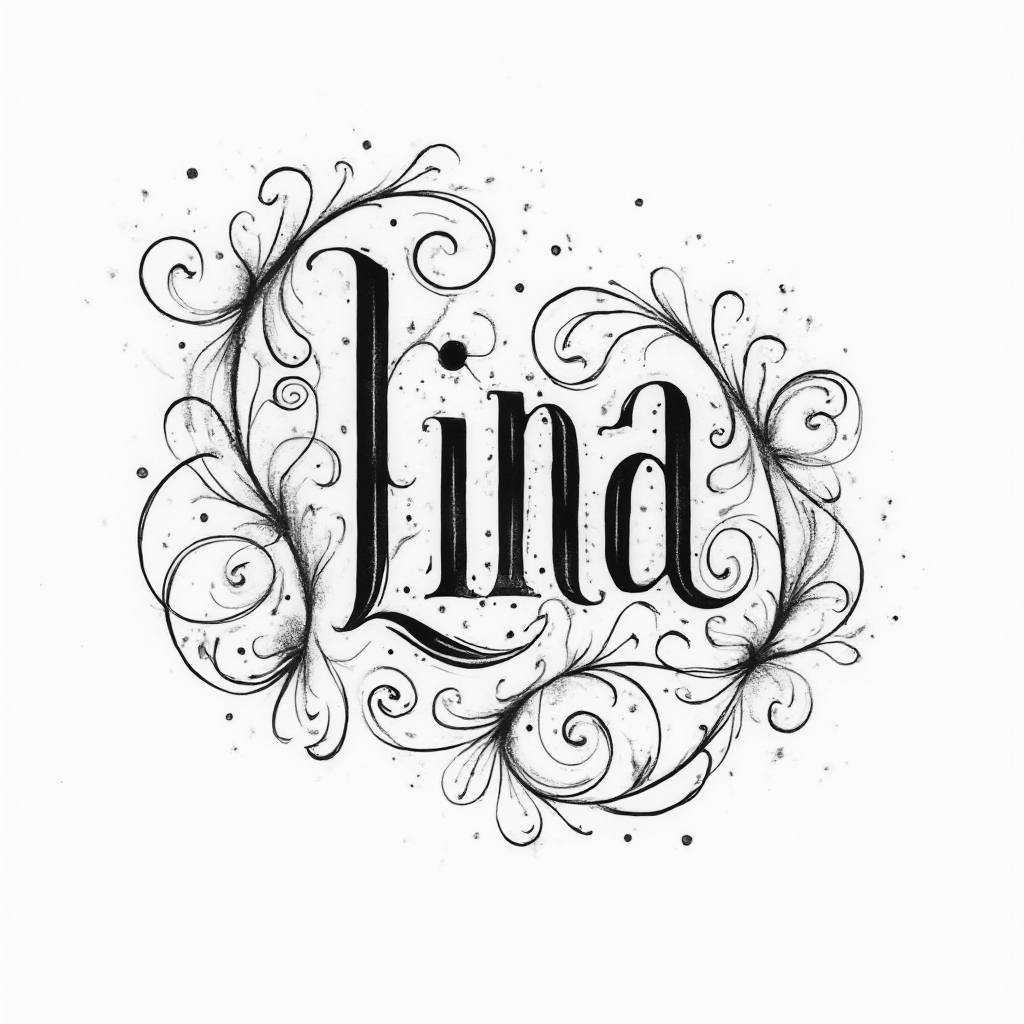 Ornamental black linework tattoo concept of the name lina with flowing filigree on white background.