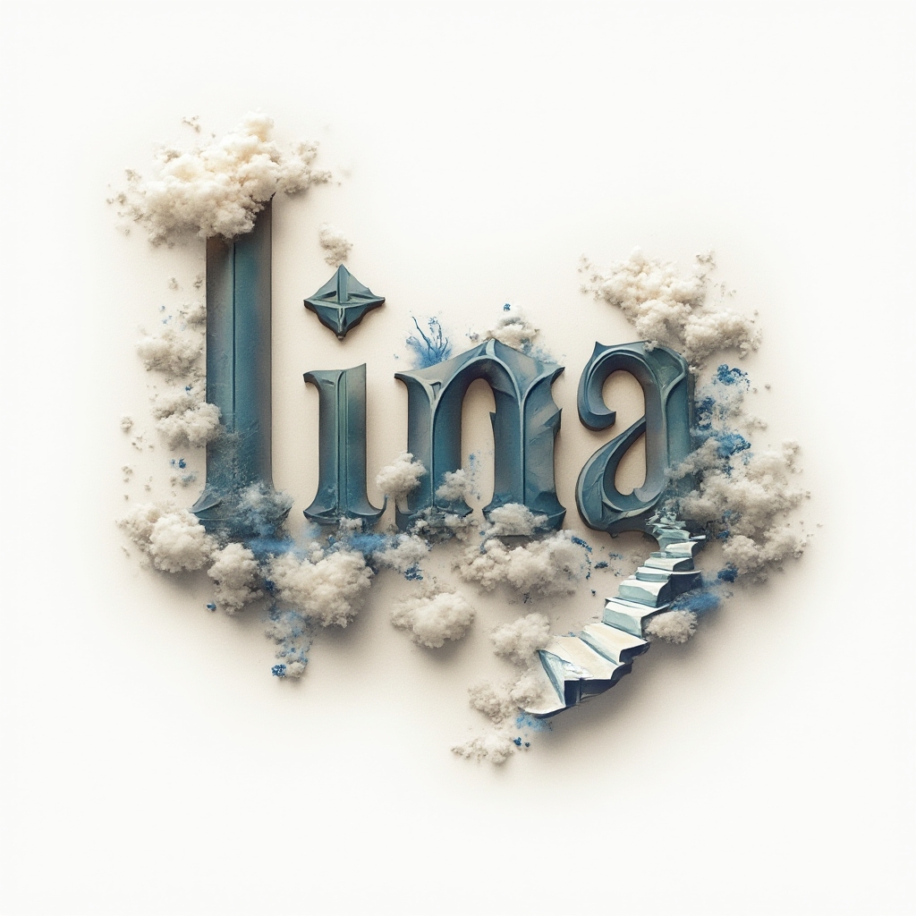 Surrealist tattoo concept of the name lina as dreamlike morphing letters on white background.
