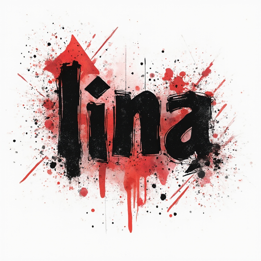 Trash Polka tattoo concept of the name lina with bold black strokes and red graphic elements on white.
