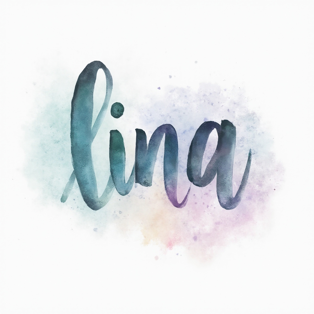 Watercolor hand-lettered tattoo concept of the name lina with pastel splashes on white background.