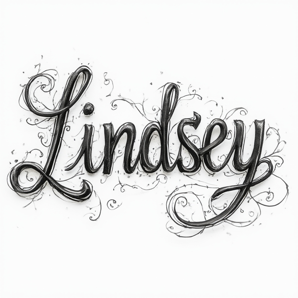 Ornamental script tattoo concept of the name lindsey with flowing flourishes on a white background