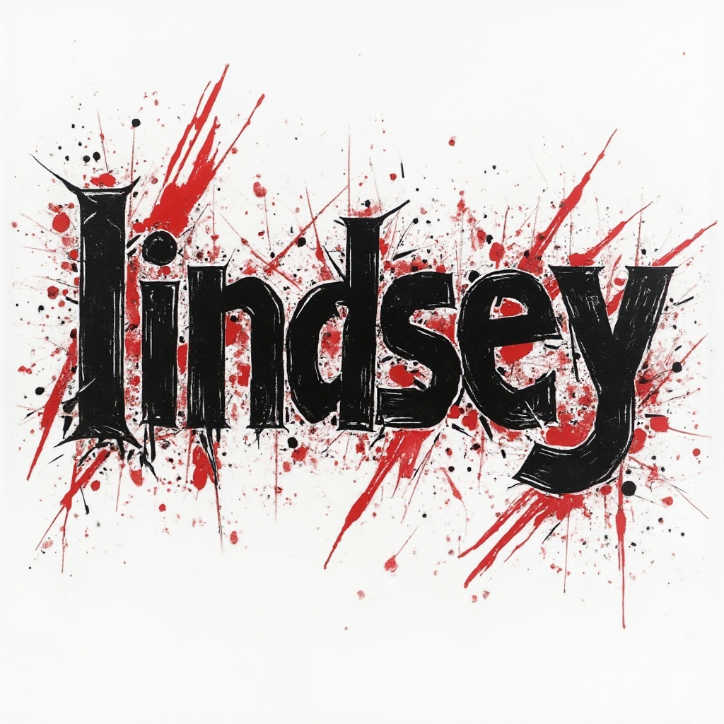 Trash Polka tattoo concept of the name lindsey with fractured black and red lettering on a white background