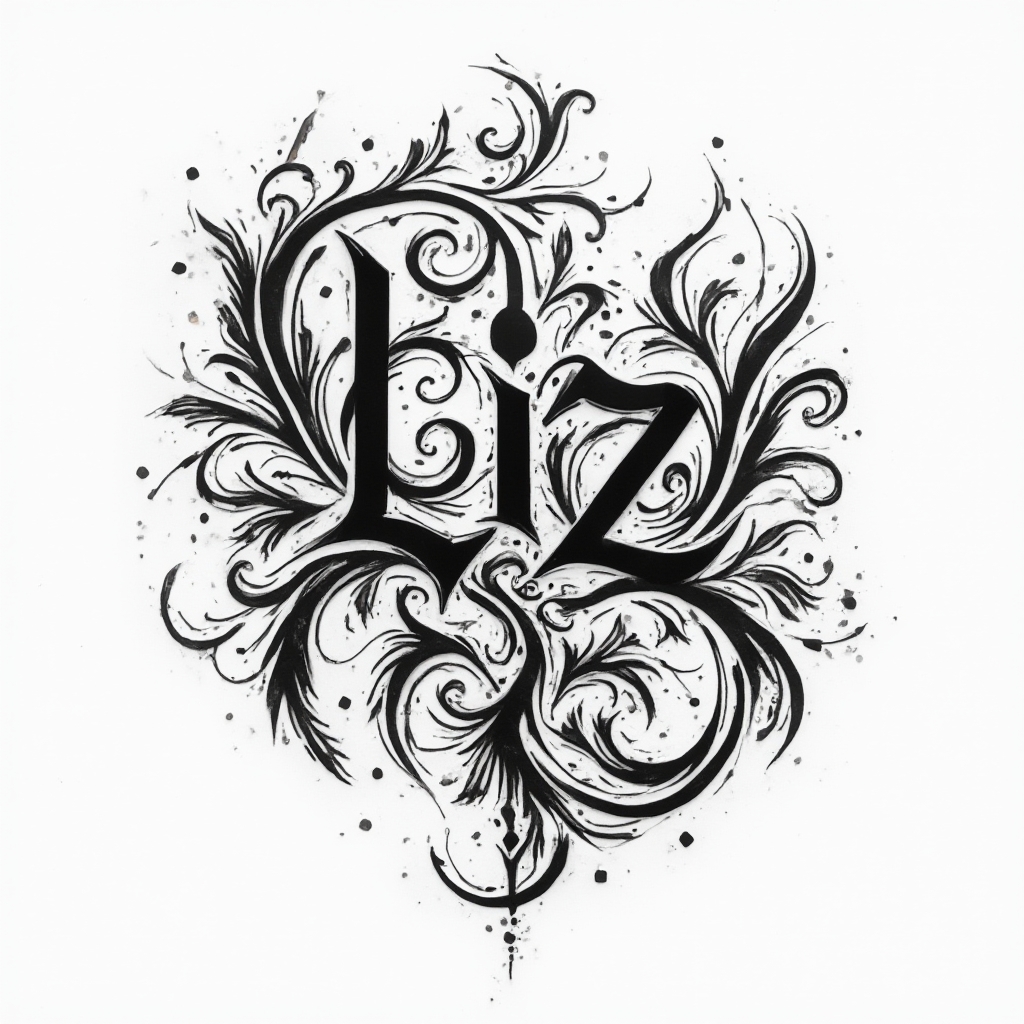 Abstract ornamental tattoo concept where the name liz is hidden within swirling black curves and flourishes on a white background.