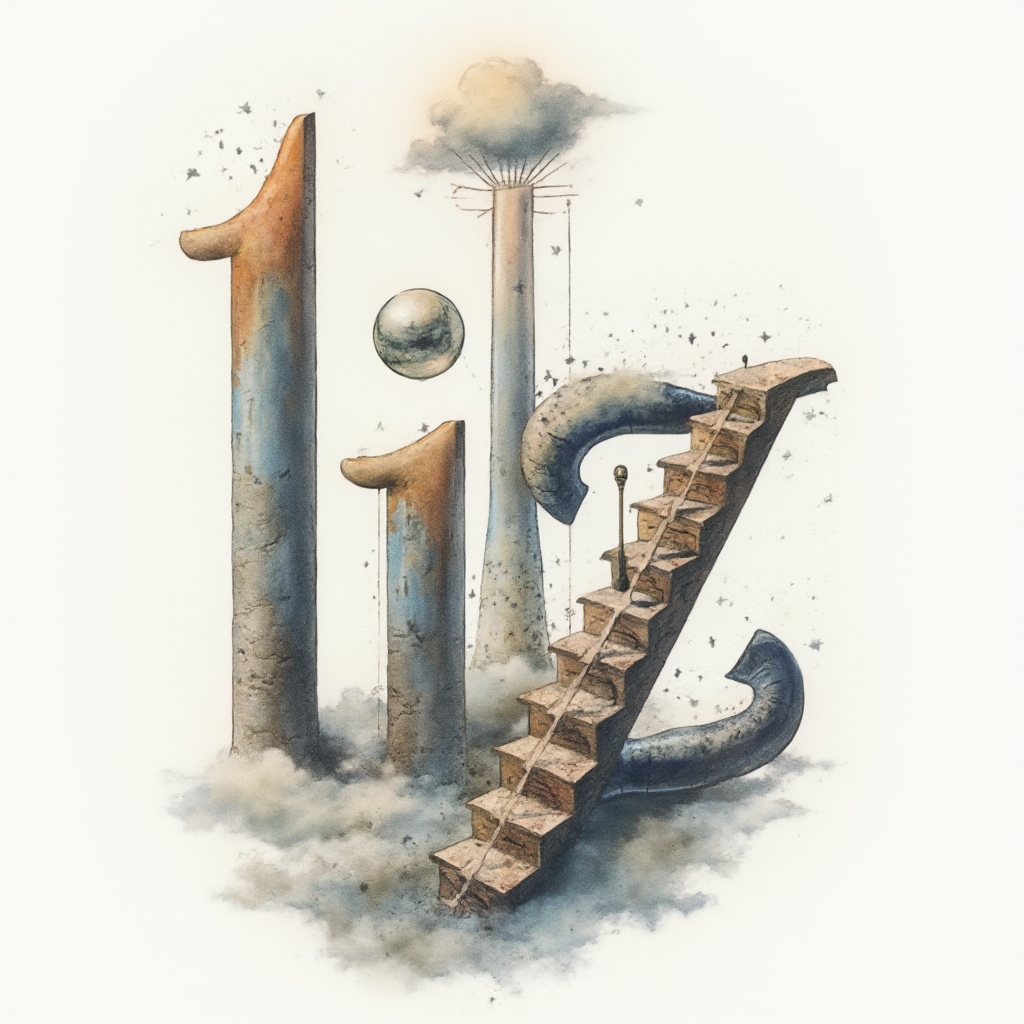 Surrealist tattoo concept forming the name liz from dreamlike columns, orbs, and impossible staircases on a white background.