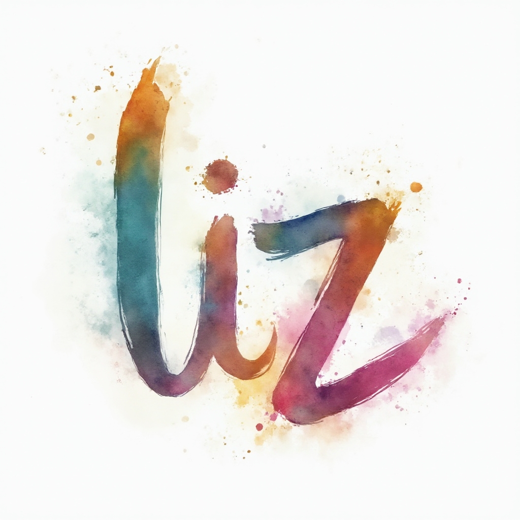 Watercolor tattoo concept where the name liz is formed by colorful brushstroke letters on a white background.