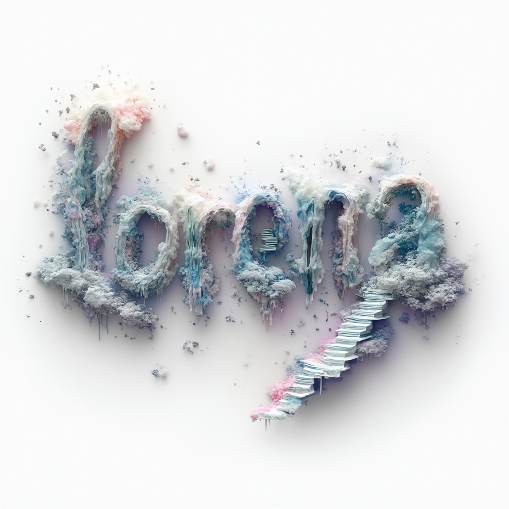 Surreal-style tattoo concept with the name lorena transforming into dreamlike abstract shapes on a white background