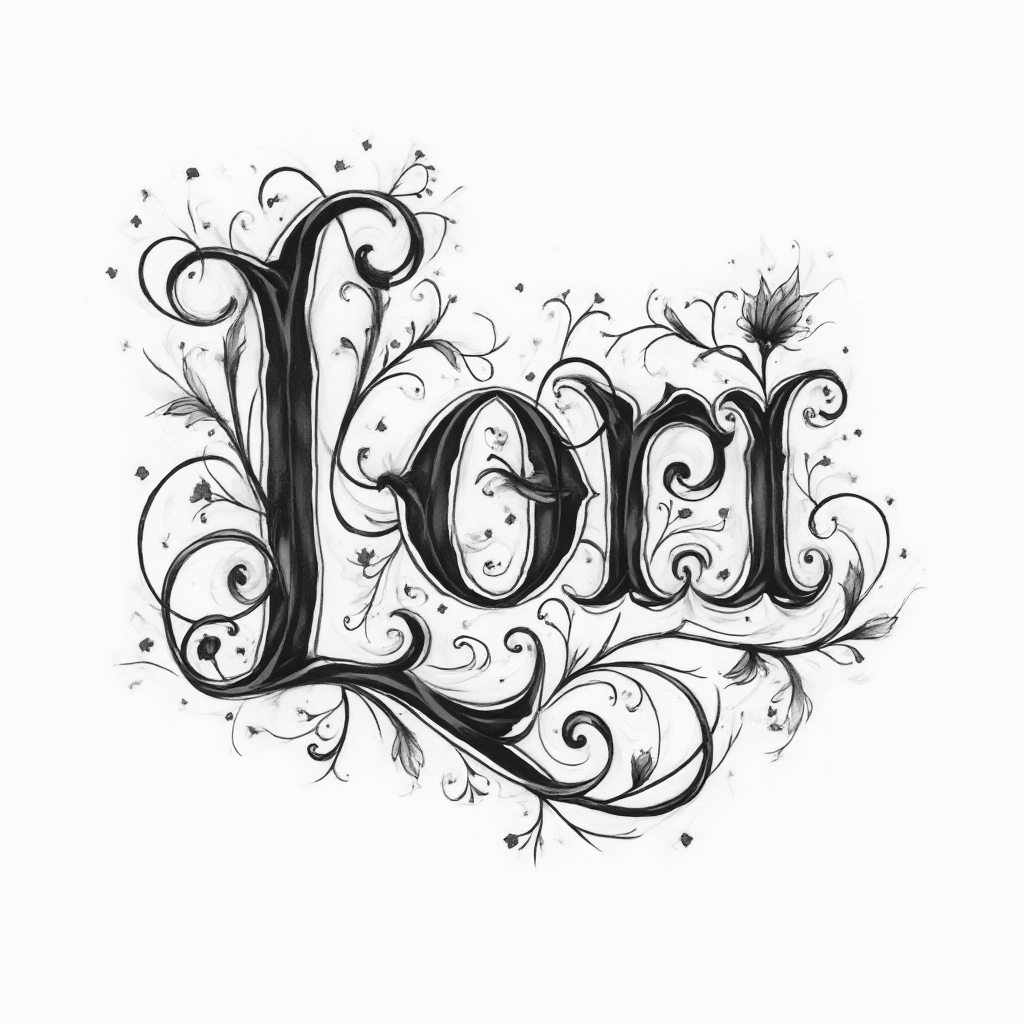 Ornamental blackwork tattoo design spelling Lori with flowing flourishes on a white background.