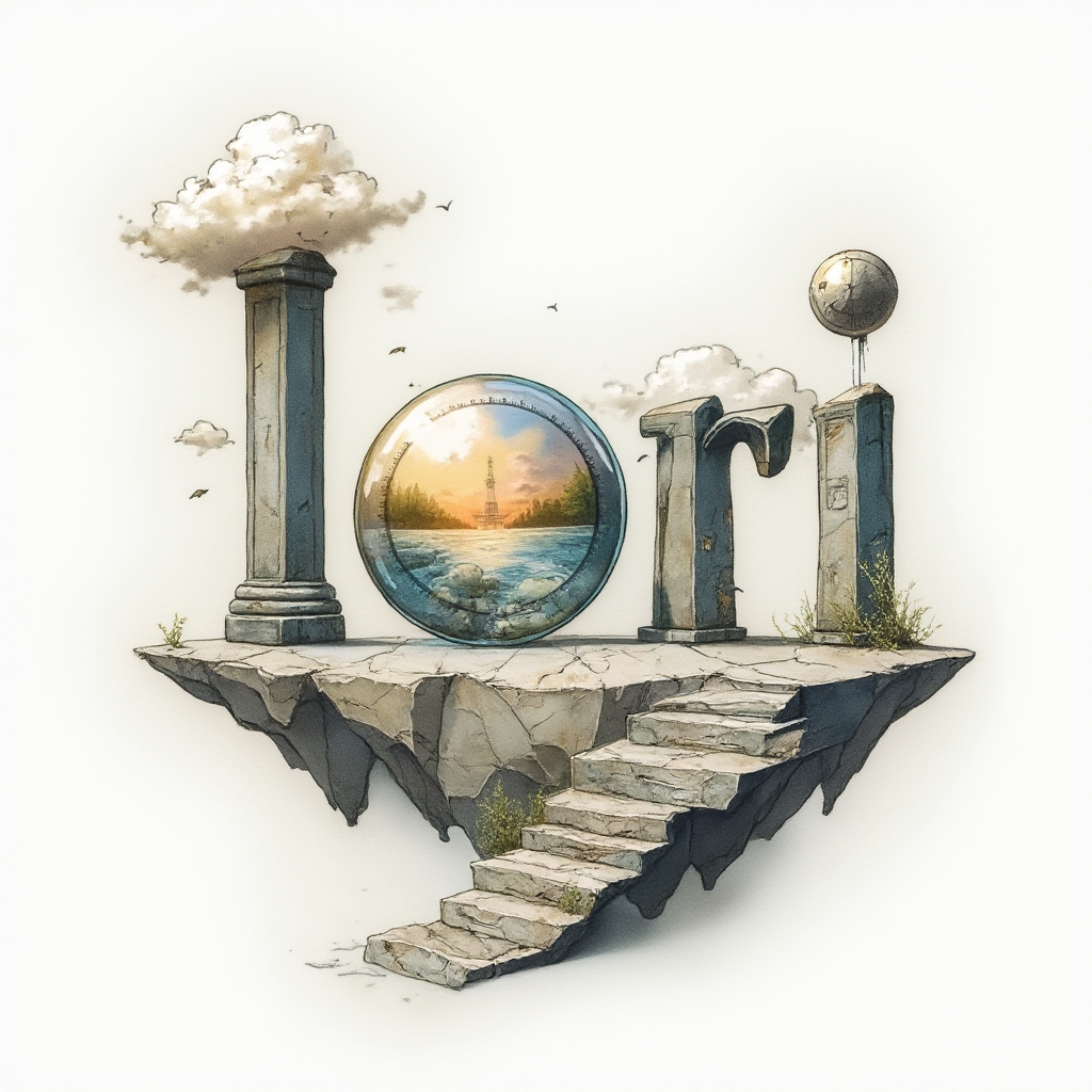 Surreal tattoo concept where the name Lori is formed by dreamlike objects in a floating landscape on a white background.
