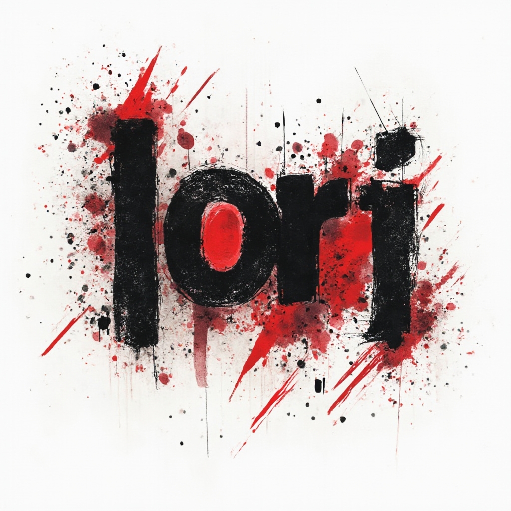 Trash Polka tattoo design where the name Lori appears as rough black and red graphic letters on a white background.