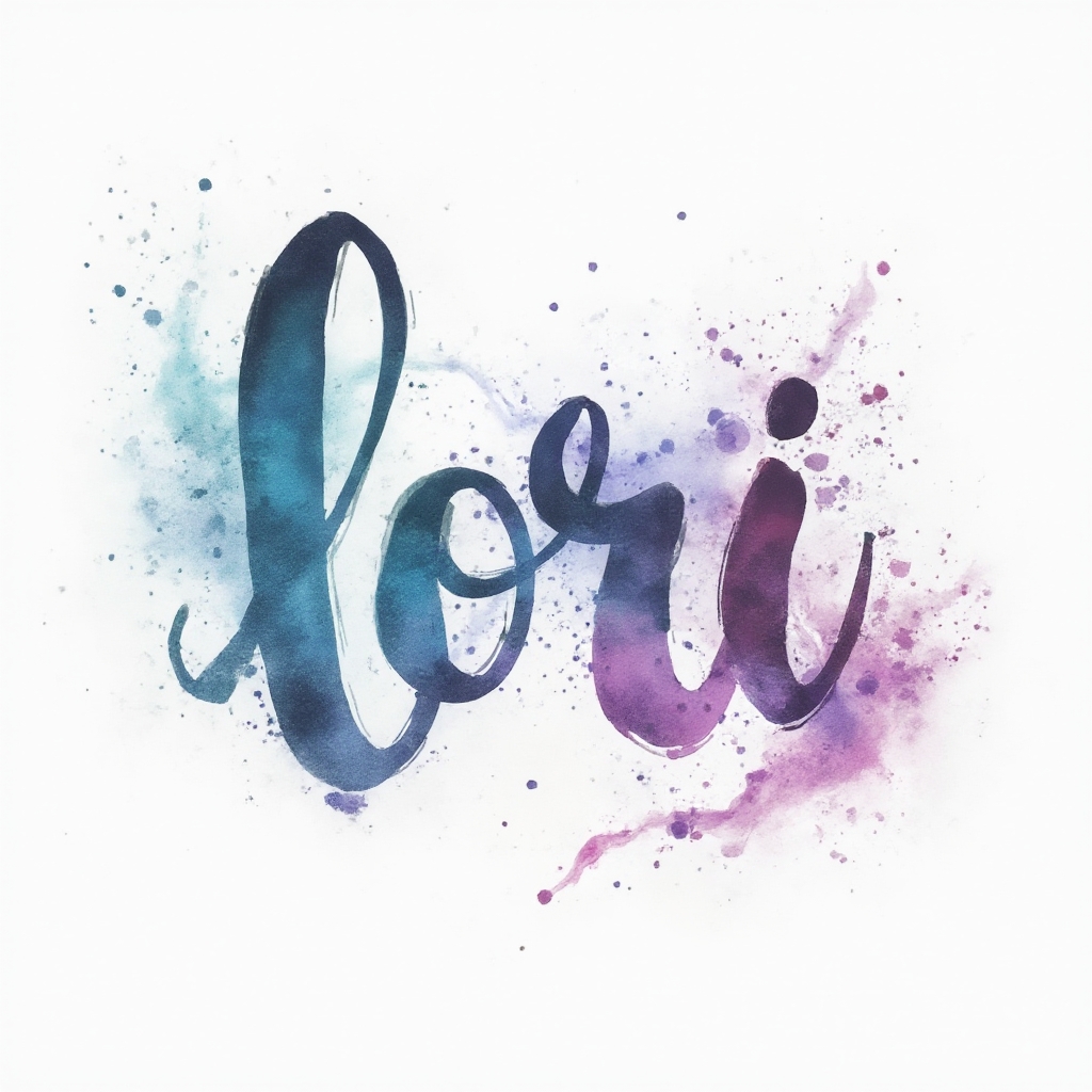 Watercolor tattoo design where the name Lori is formed with colorful flowing brushstroke letters on a white background.