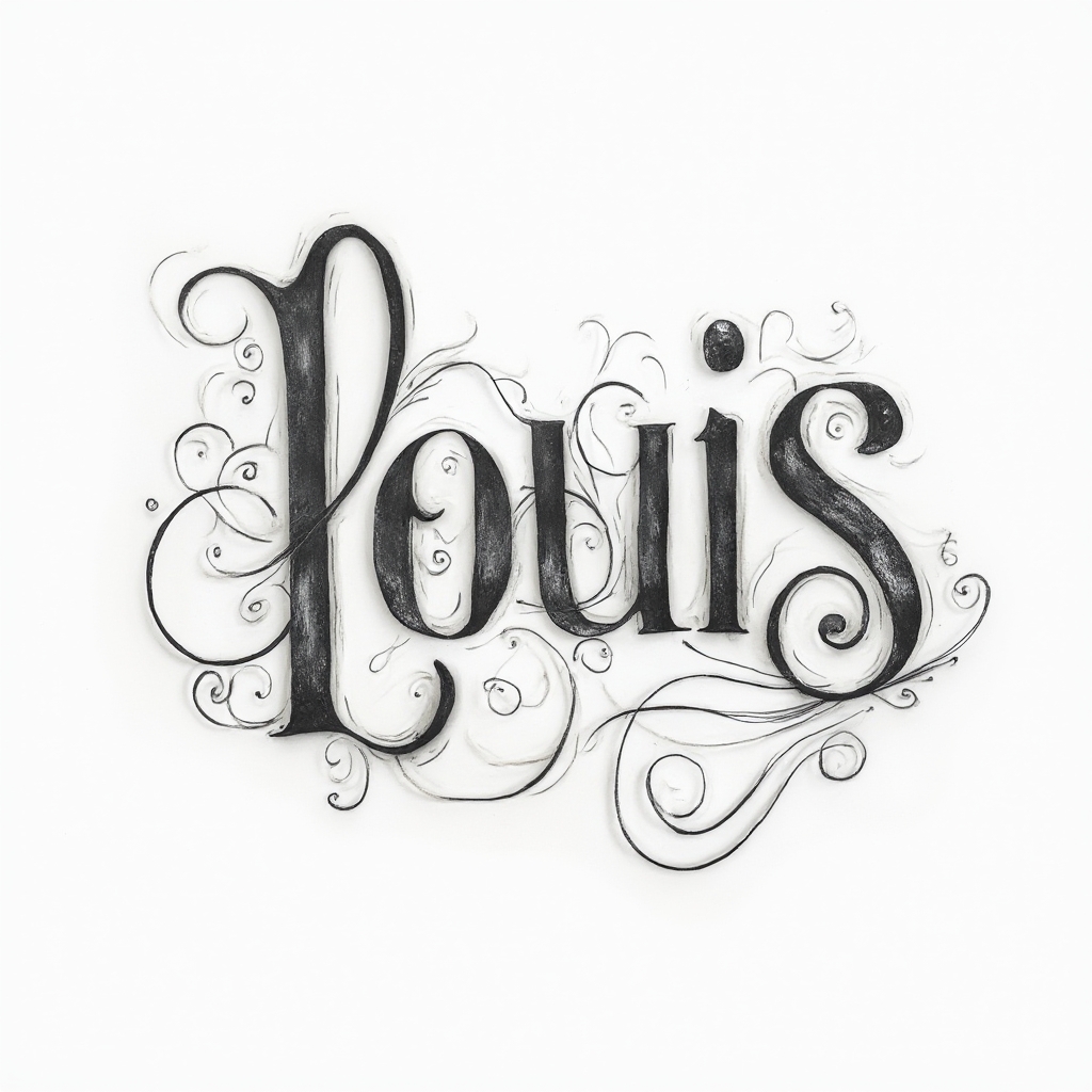 Elegant stylized script tattoo concept where the name louis is formed by flowing ornamental lines on a white background