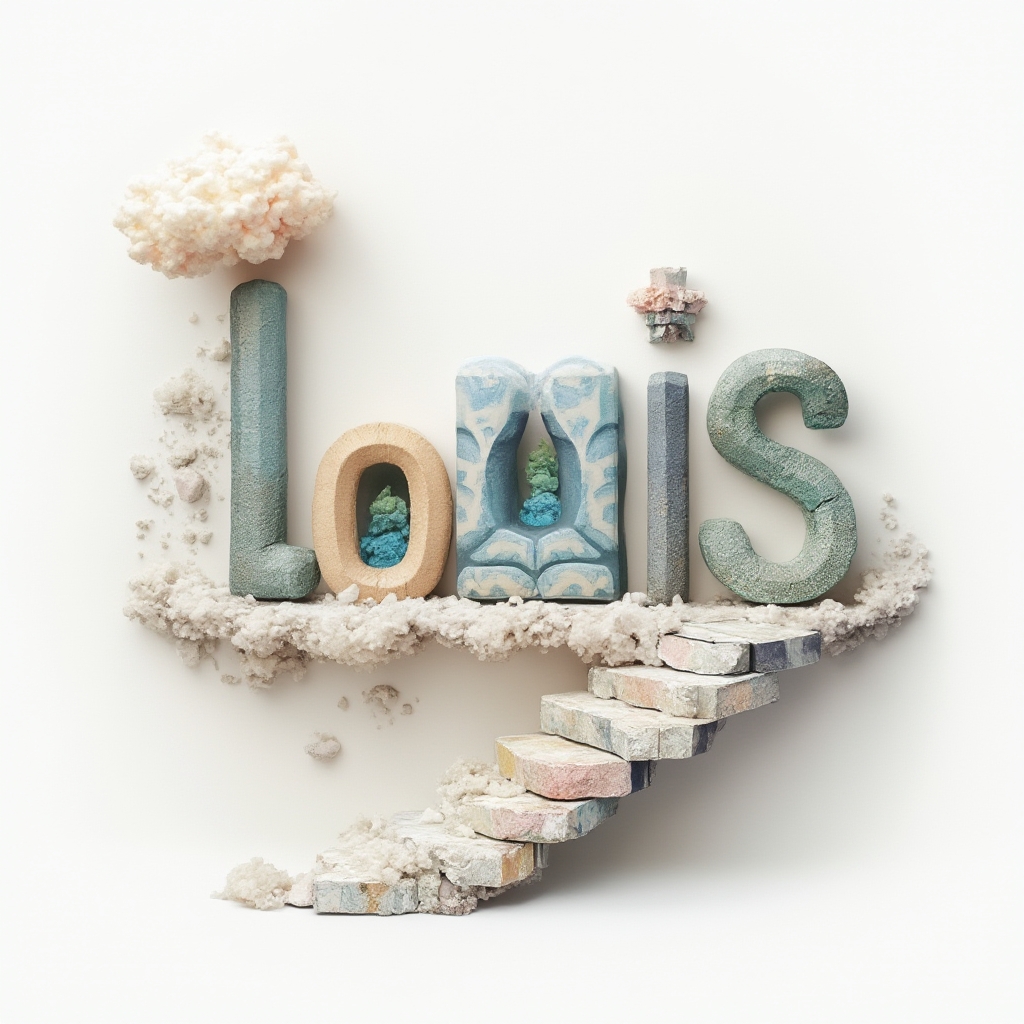 Surrealist tattoo concept where the letters of louis transform into dreamlike objects on a white background