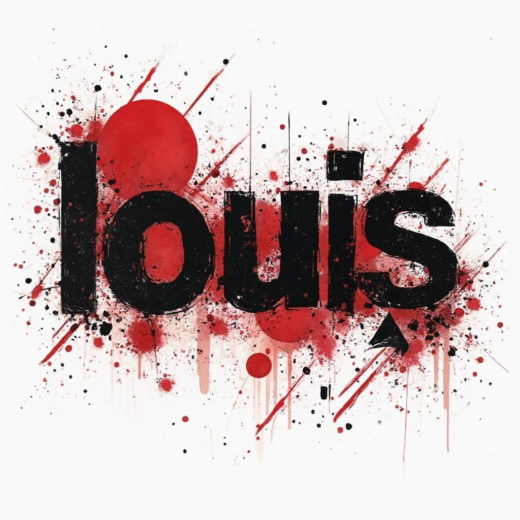 Trash Polka tattoo design with the name louis built from bold black and red abstract shapes on a white background