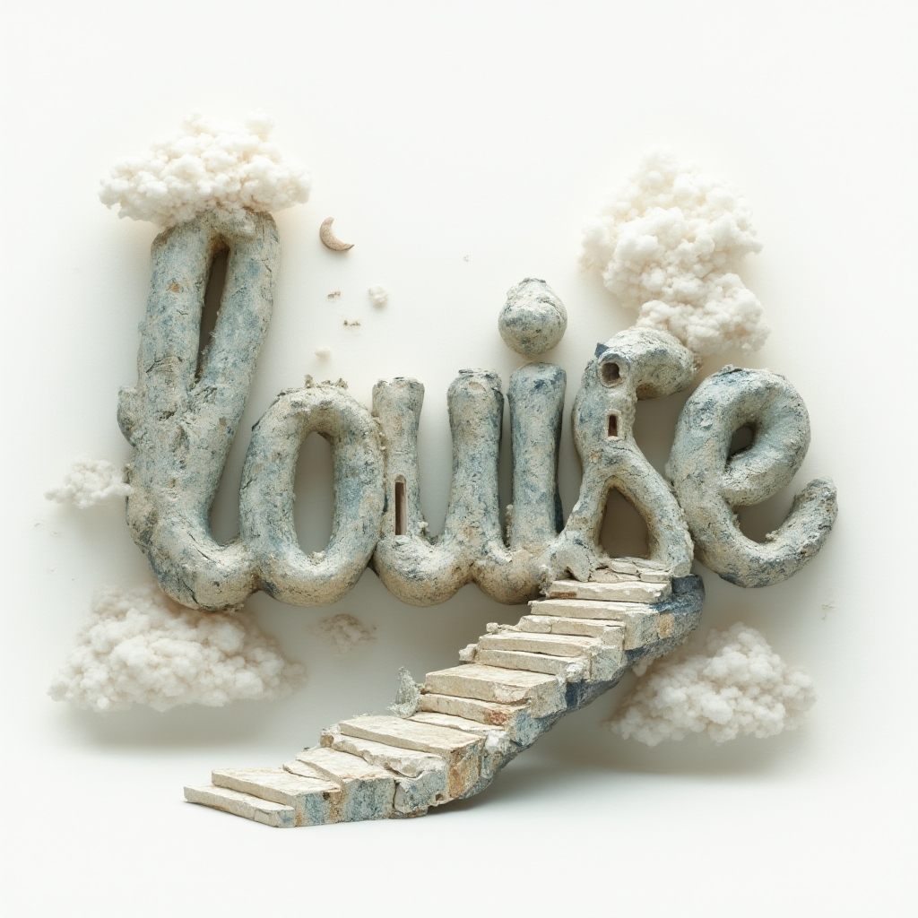 Surreal dreamscape where the name louise is formed by impossible, melting architectural letters on a white background.