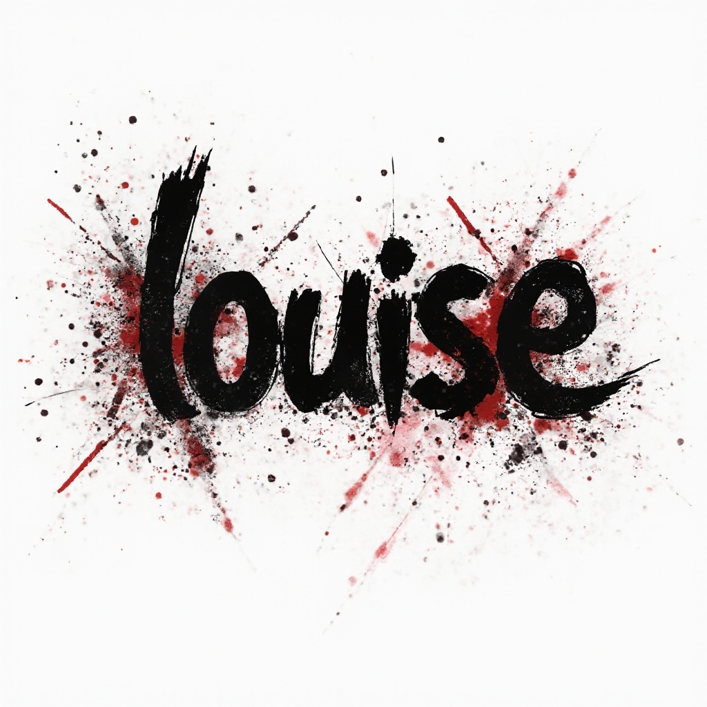Bold black and red Trash Polka design where the name louise is formed by distressed letters, splashes, and geometric fragments on a white background.