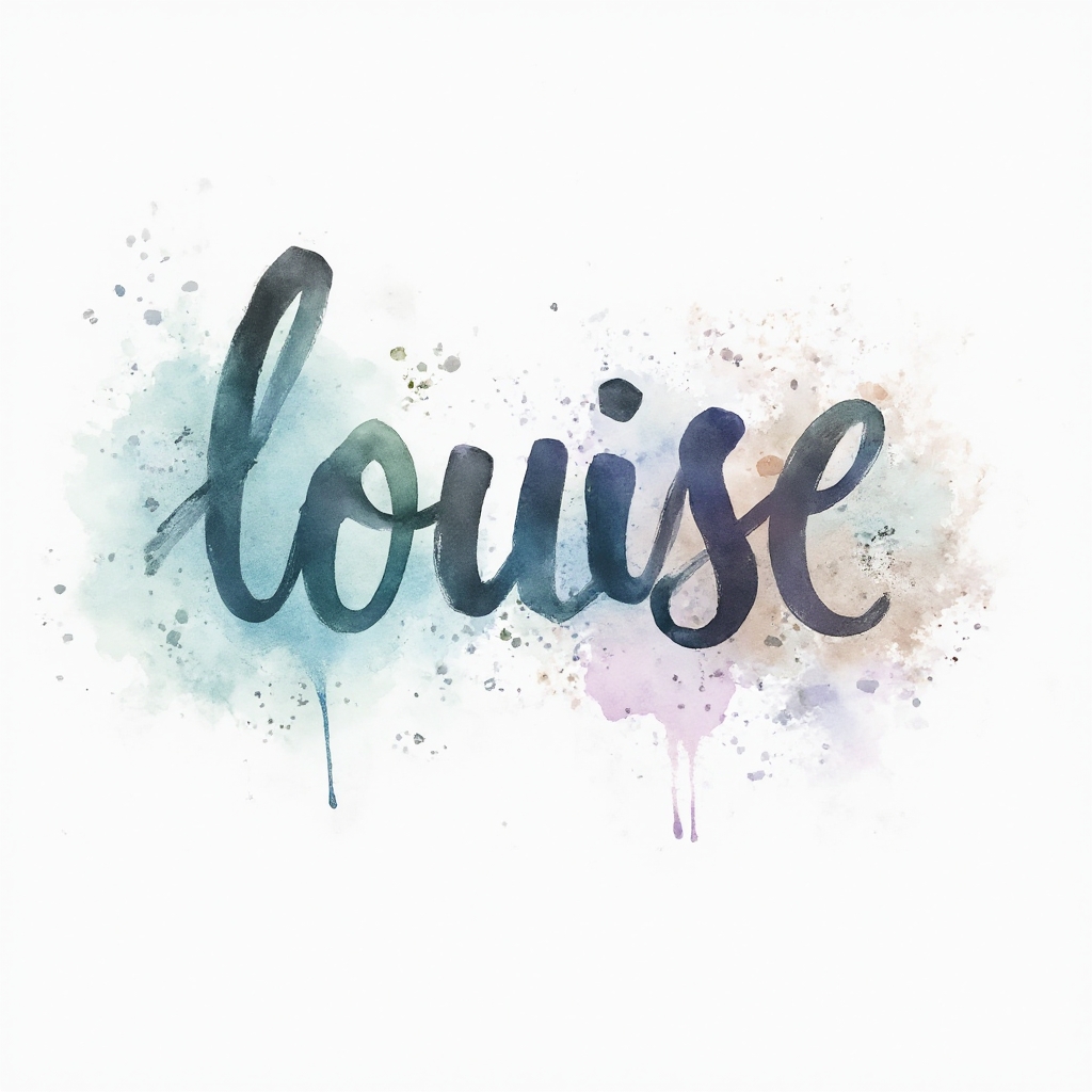 The name louise painted in fluid watercolor calligraphy with colorful splashes on a white background.