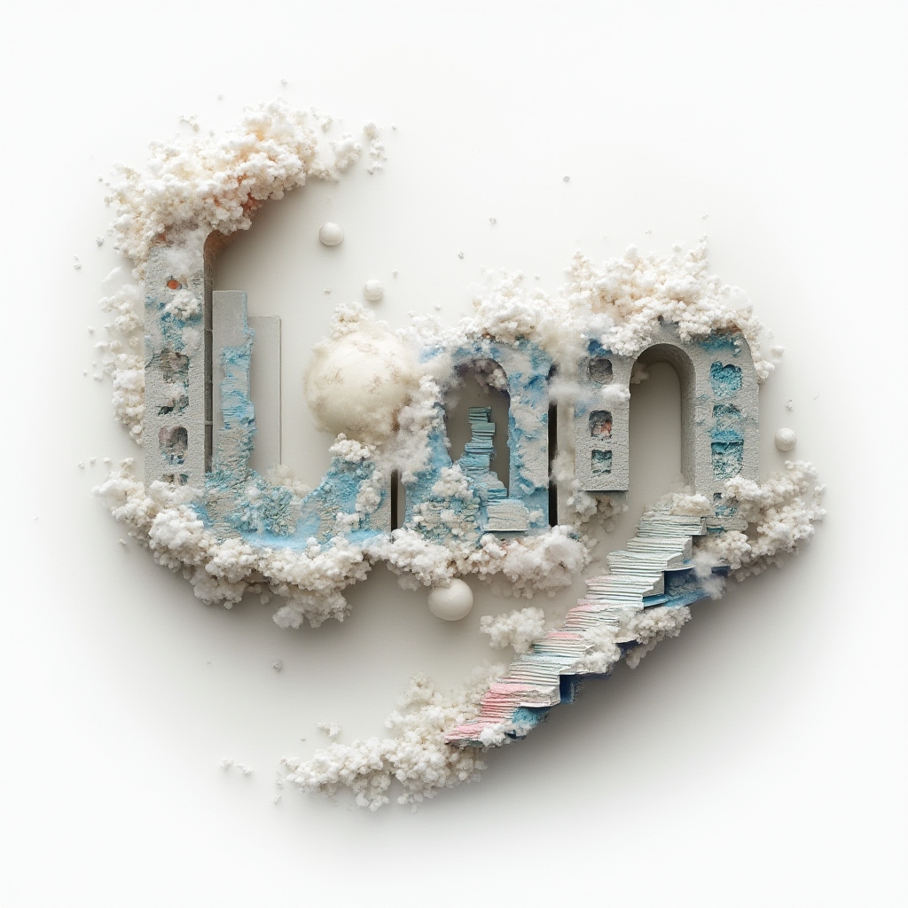 Surreal tattoo design of the name luan built from floating dreamlike structures on a white background