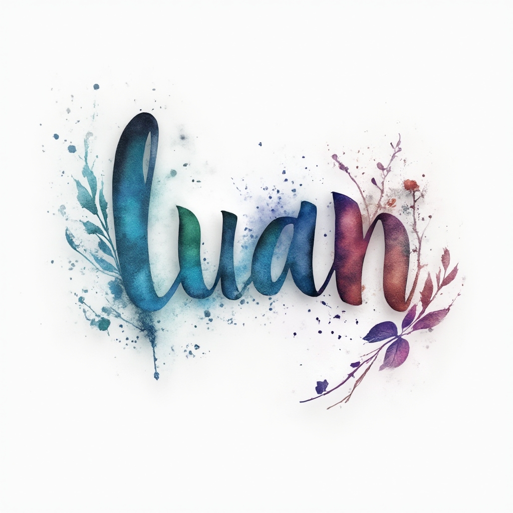 Watercolor tattoo design of the name luan with flowing multicolor ink splashes on a white background