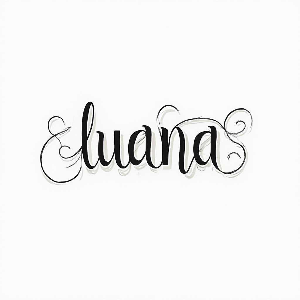 Minimal ornamental line-work tattoo concept of the name luana in flowing continuous script on white background