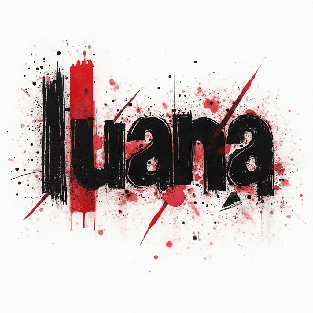 Trash Polka tattoo concept of the name luana in distressed black and red graphic lettering on white background