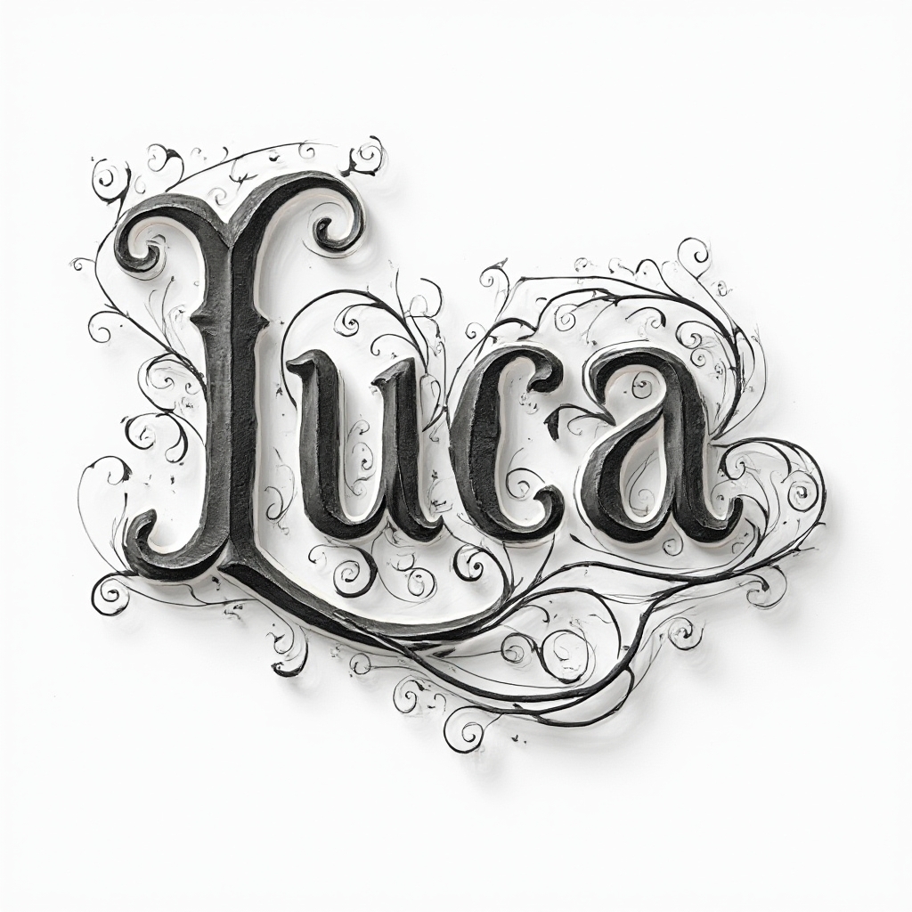 Ornamental tattoo emblem where the name luca is formed by flowing, decorative black letter shapes on a white background
