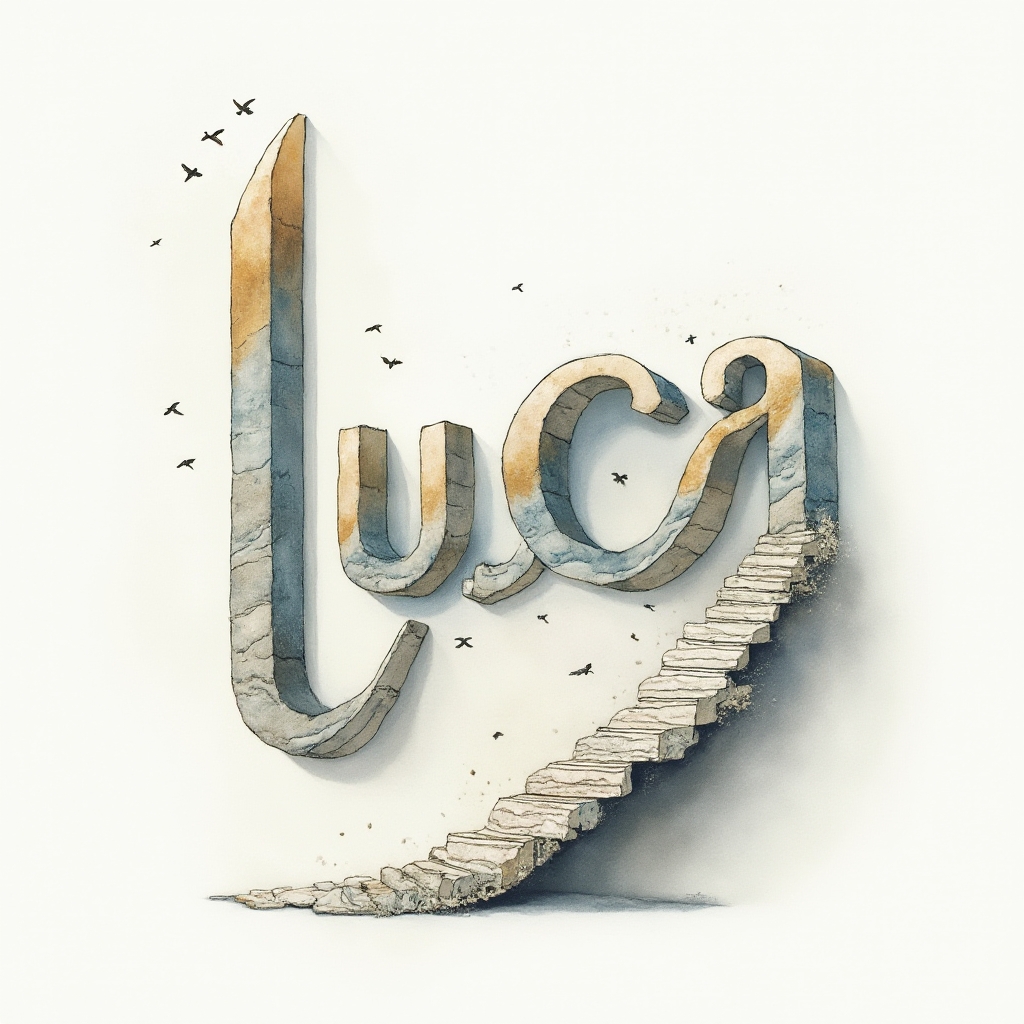 Surreal tattoo design where the name luca is formed by dreamlike objects and shapes on a white background