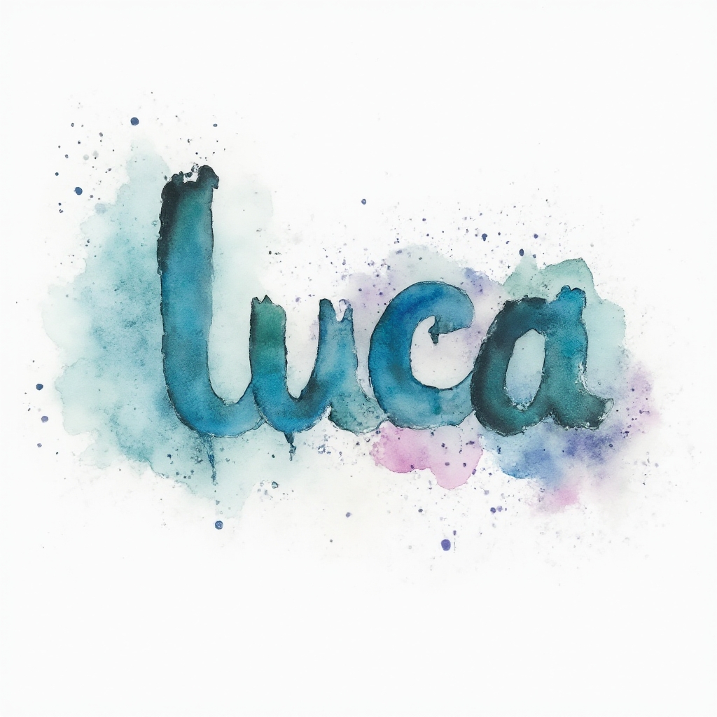 Watercolor tattoo concept of the name luca painted as fluid, colorful brushstroke letters on a white background