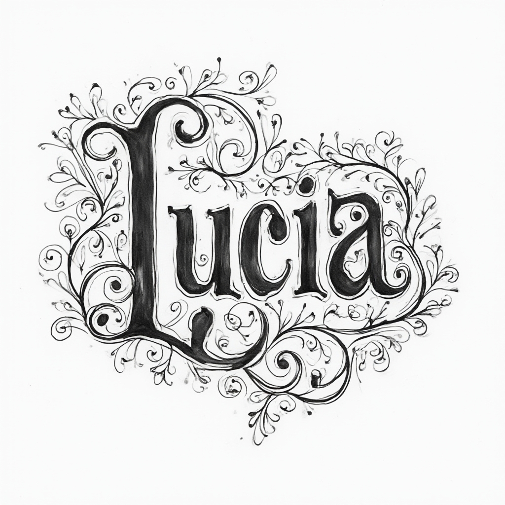 Ornamental blackwork tattoo concept where the name lucia is formed by flowing letters and intricate flourishes on a white background.