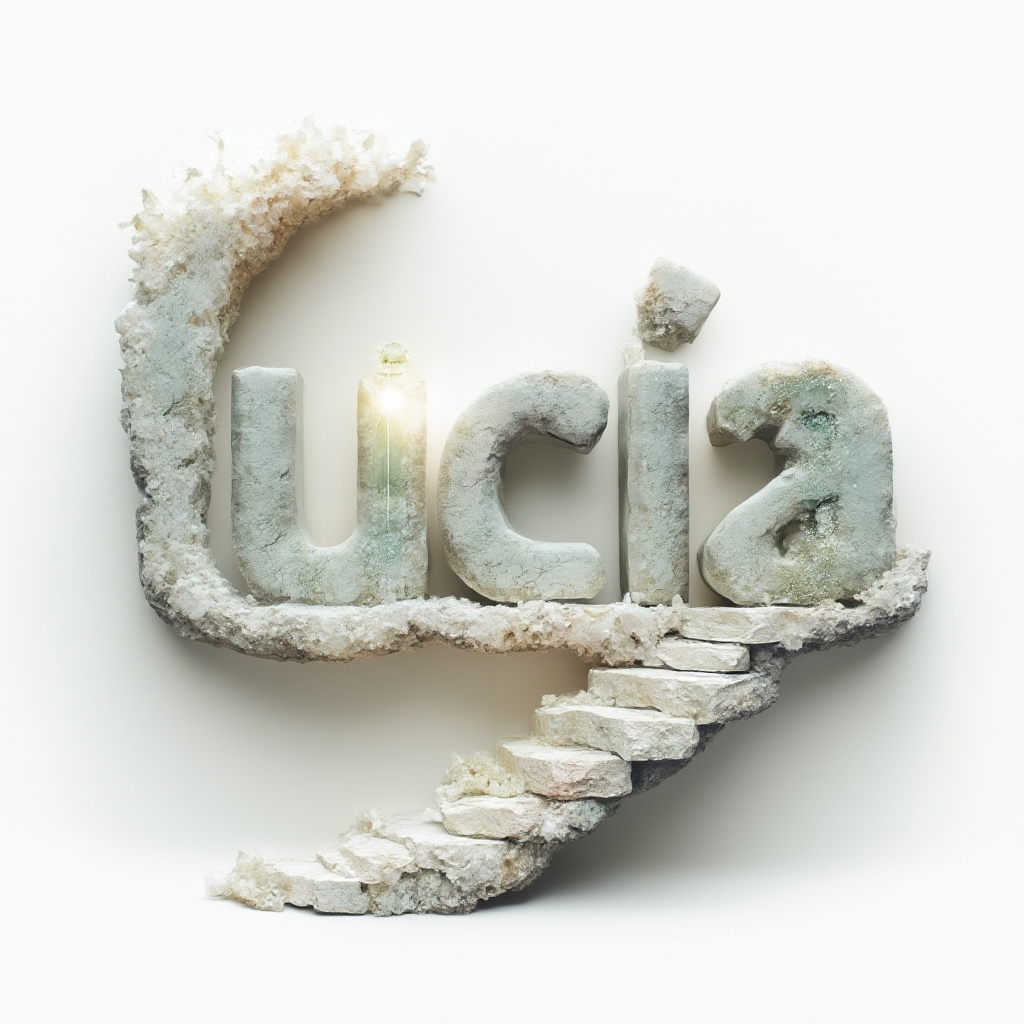 Surrealist tattoo concept where the name lucia becomes impossible dreamlike structures on a white background.