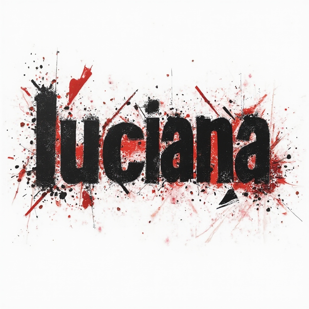 Trash Polka-style tattoo concept where the name luciana is created from bold black and red graphic lettering on a white background.
