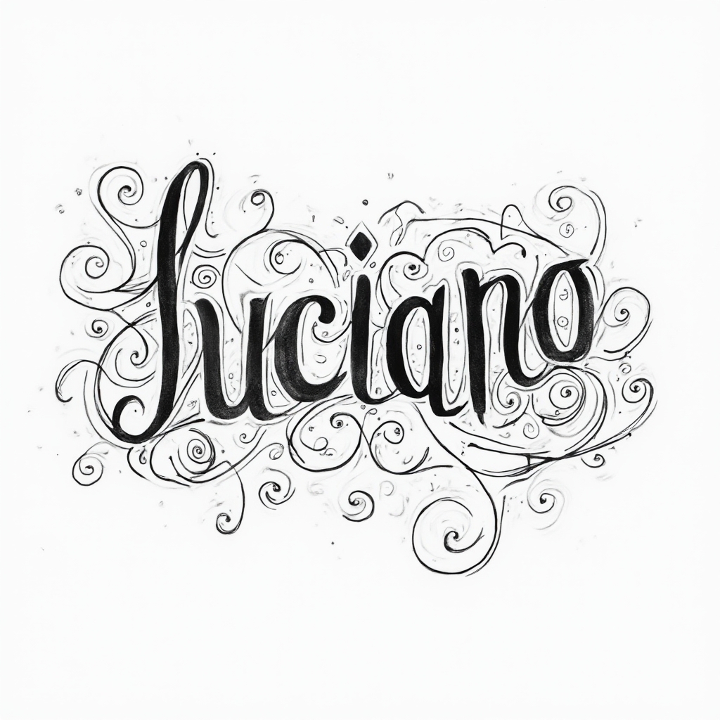 Ornamental tattoo concept where the name luciano is formed by continuous flowing lines, curves, and flourishes on a white background.
