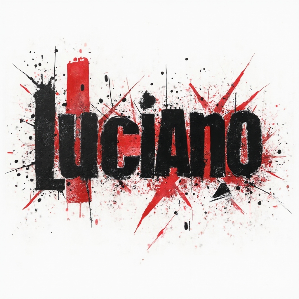Trash Polka style tattoo concept where the name luciano is formed by distressed black strokes, stencils, and red splashes on a white background.