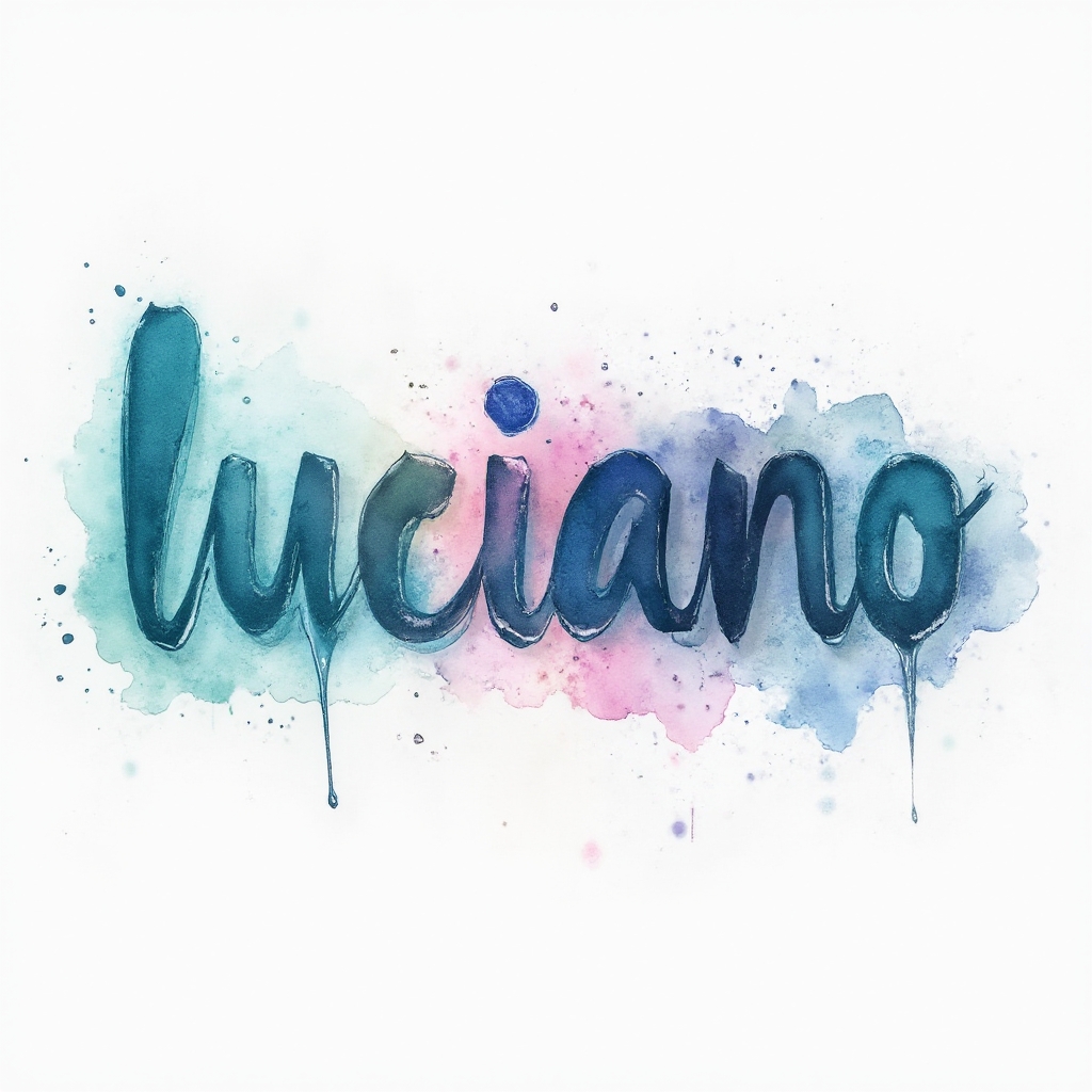 Watercolor tattoo design where the name luciano is formed by flowing, painted letters that dissolve into colorful ink splashes on a white background.