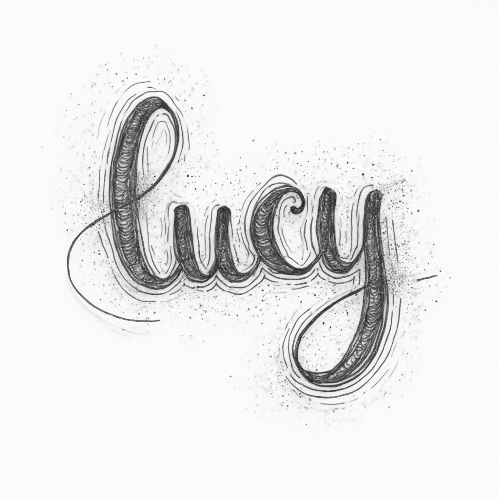 Abstract continuous-line tattoo concept of the name lucy in flowing monochrome linework on a white background.