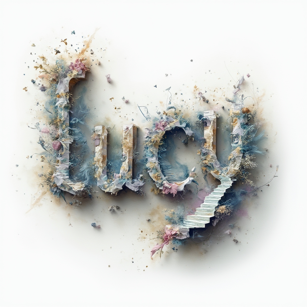 Surreal tattoo concept of the name lucy as impossible 3D lettering winding through surreal shapes on a white background.