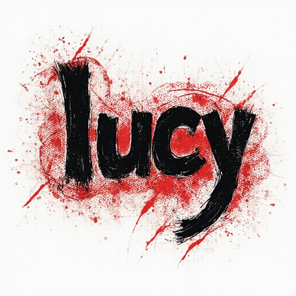 Trash Polka-style tattoo concept of the name lucy in bold black and red distressed lettering on white background.
