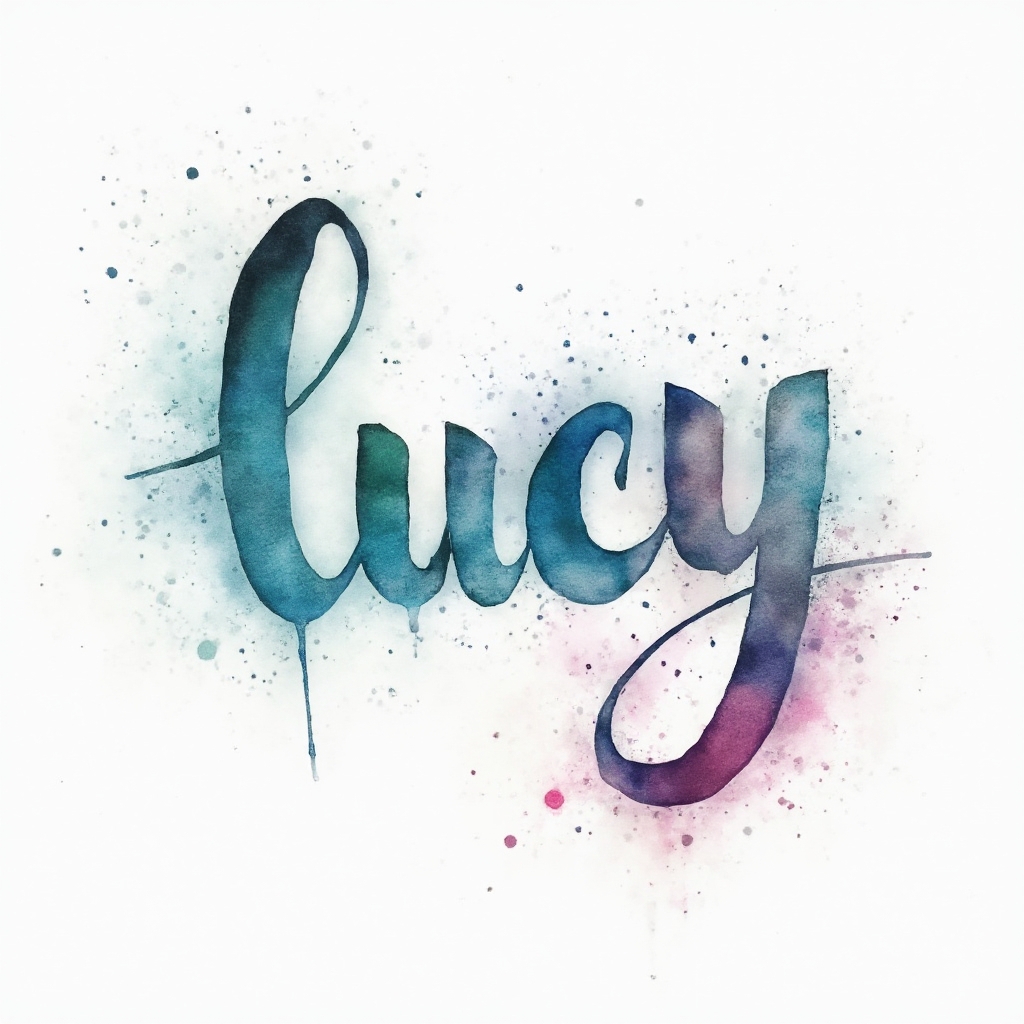 Watercolor-style tattoo concept of the name lucy in flowing calligraphy with colorful paint splashes on white background.