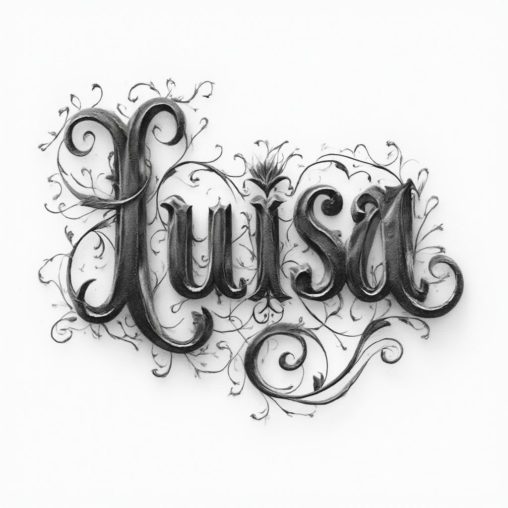 Ornamental sculpted black and gray tattoo lettering of the name luisa on a white background.
