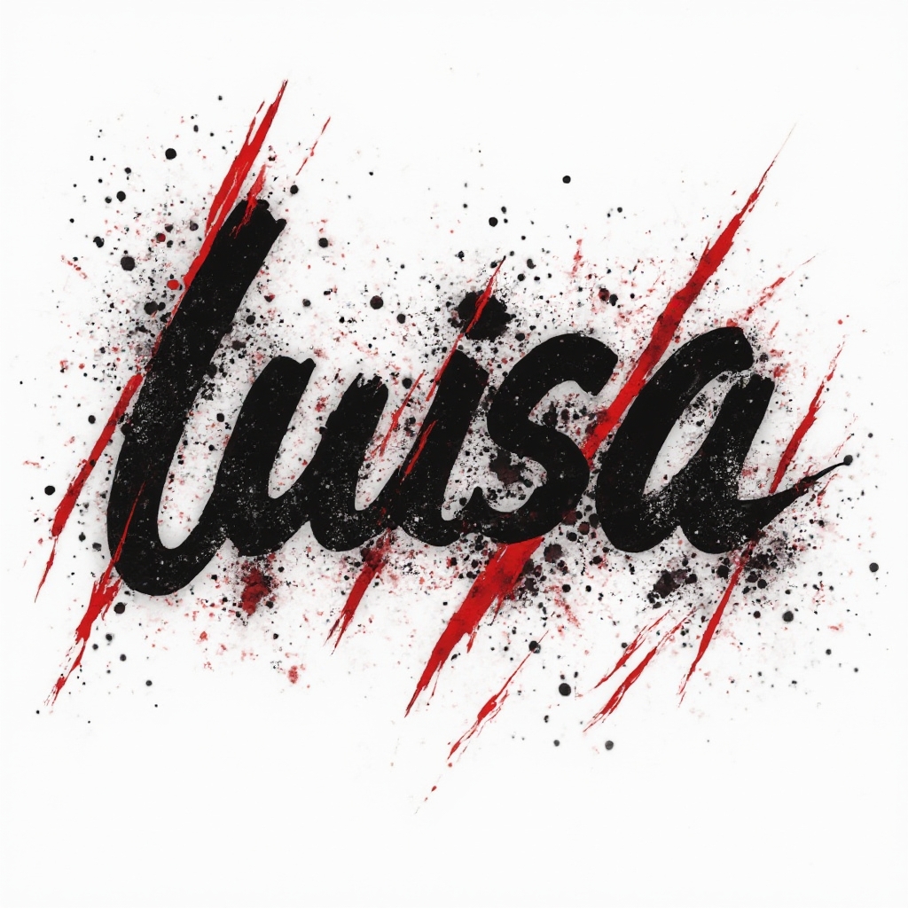 Trash Polka-style tattoo design of the name luisa with bold black and red distressed lettering on white background.