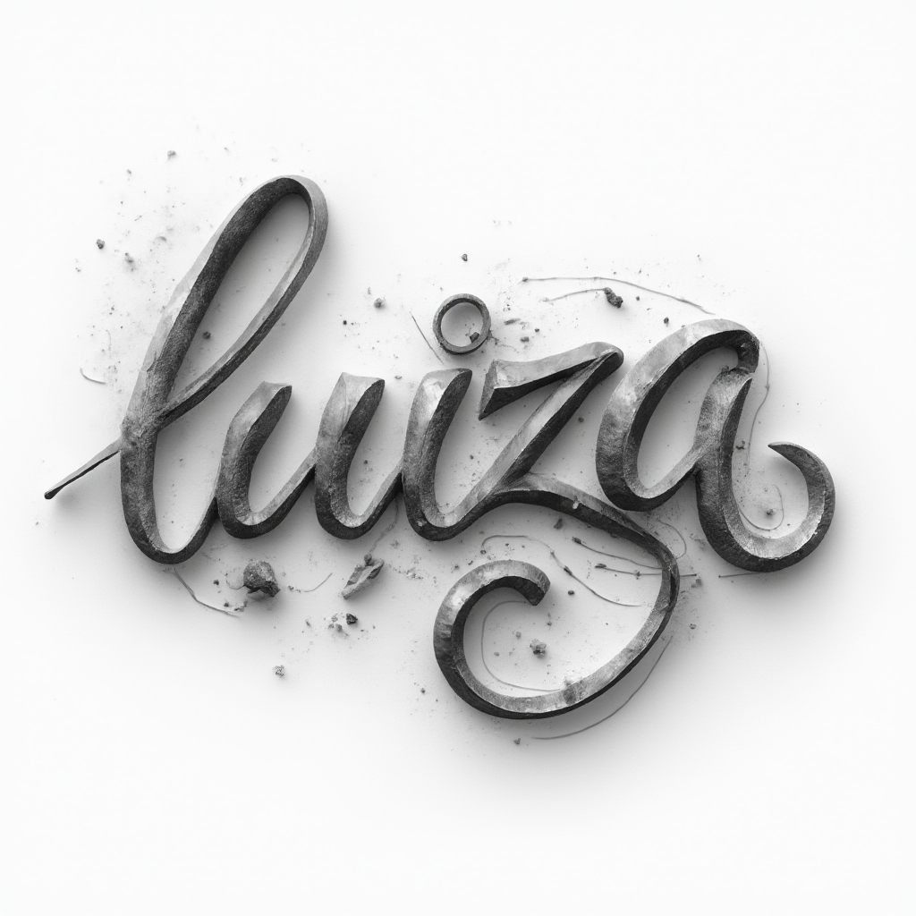 Dimensional monochrome tattoo design where the name luiza is sculpted into interlocking flowing ribbon-like letters on a white background.