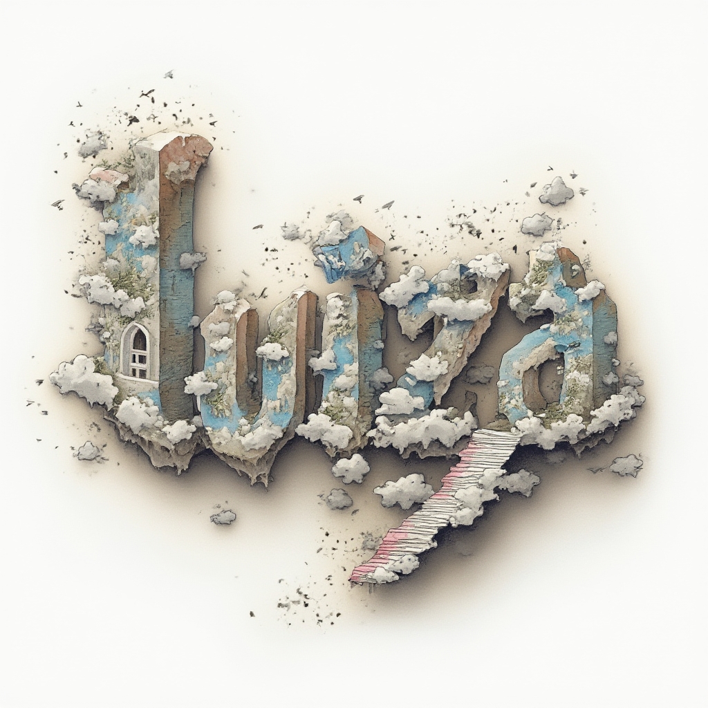 Surreal tattoo design where the name luiza is built from impossible dreamlike architectural shapes on a white background.