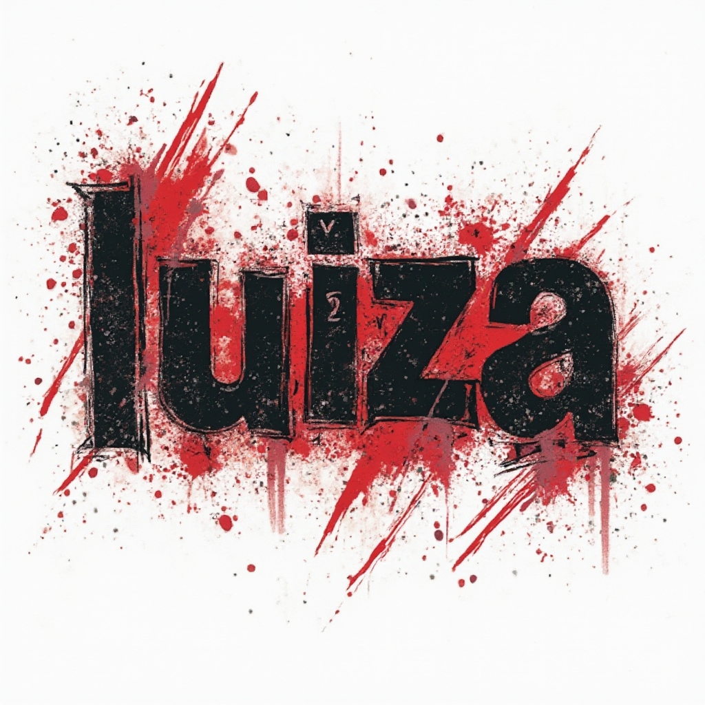 Trash Polka tattoo concept where the name luiza appears in distressed black and red lettering on a white background.
