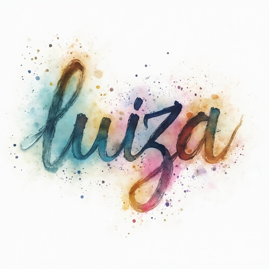 Watercolor tattoo concept where the name luiza is painted in flowing, colorful ink splashes on a white background.